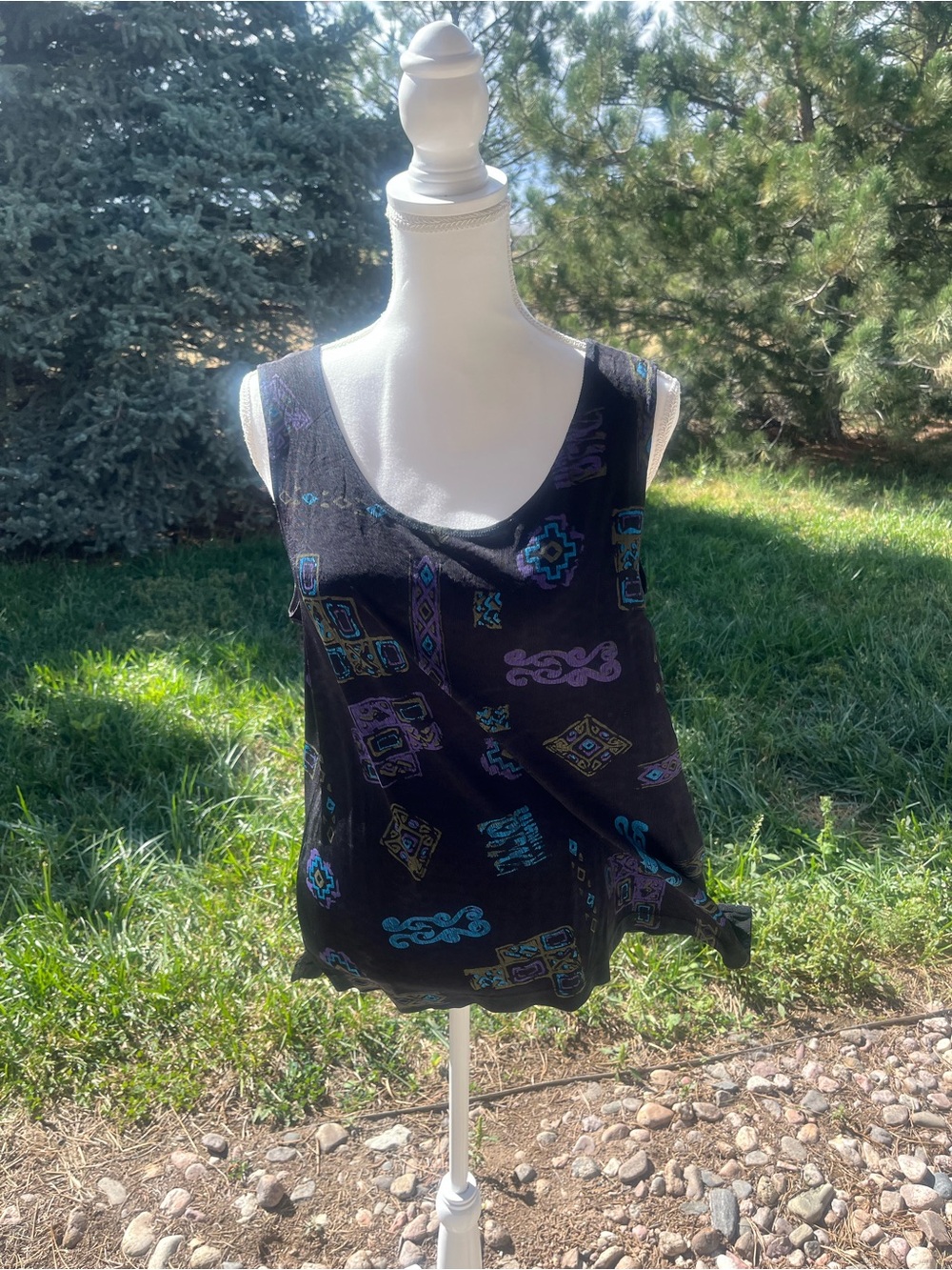 Picadilly Fashion Black Tank Top with Teal, Purple & Olive Print